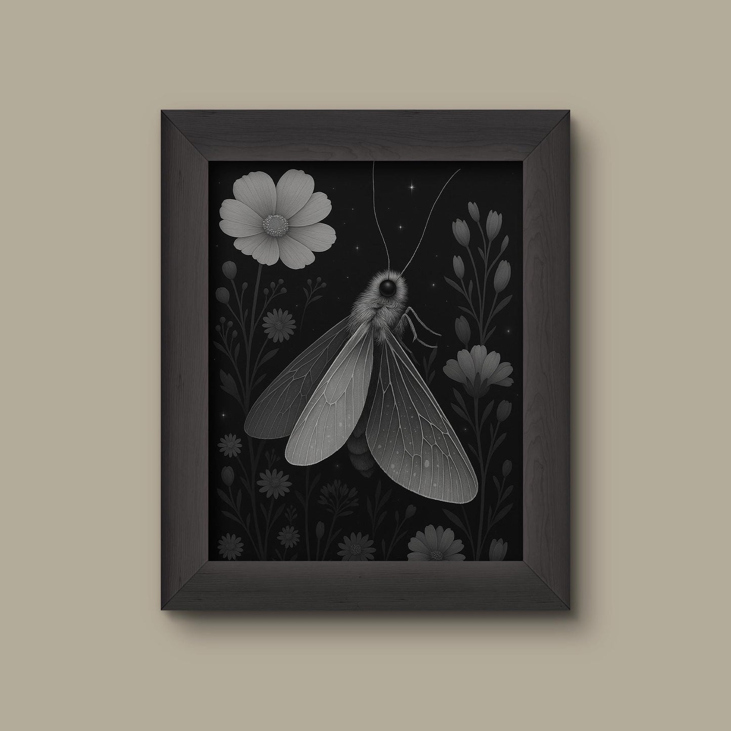 Black and White Moth & Wildflower Art Print | Fine Art Print