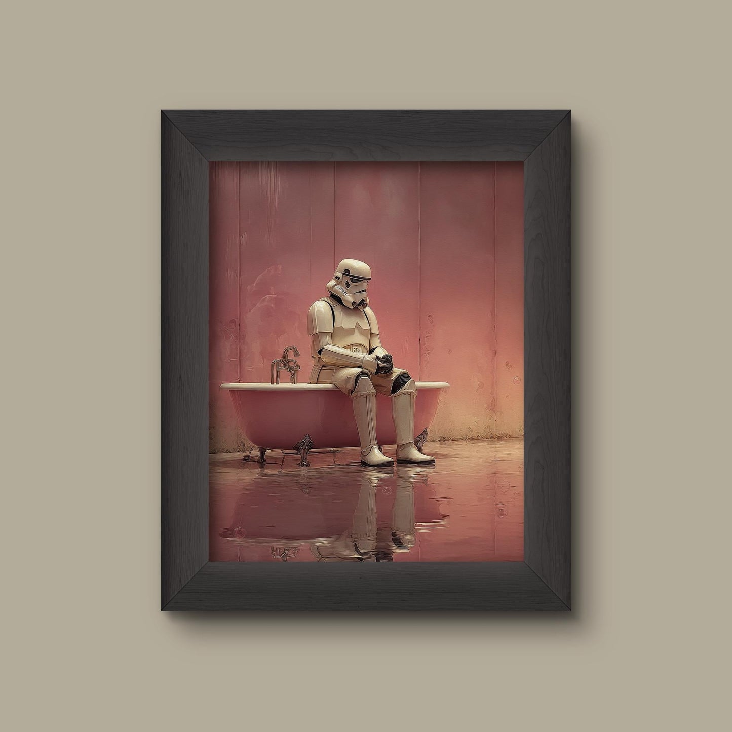 Stormtrooper in Pink Bathtub | Minimalist Sci-Fi Art Print | Star Wars Inspired Decor | Whimsical Galaxy Wall Art | Fine Art Print