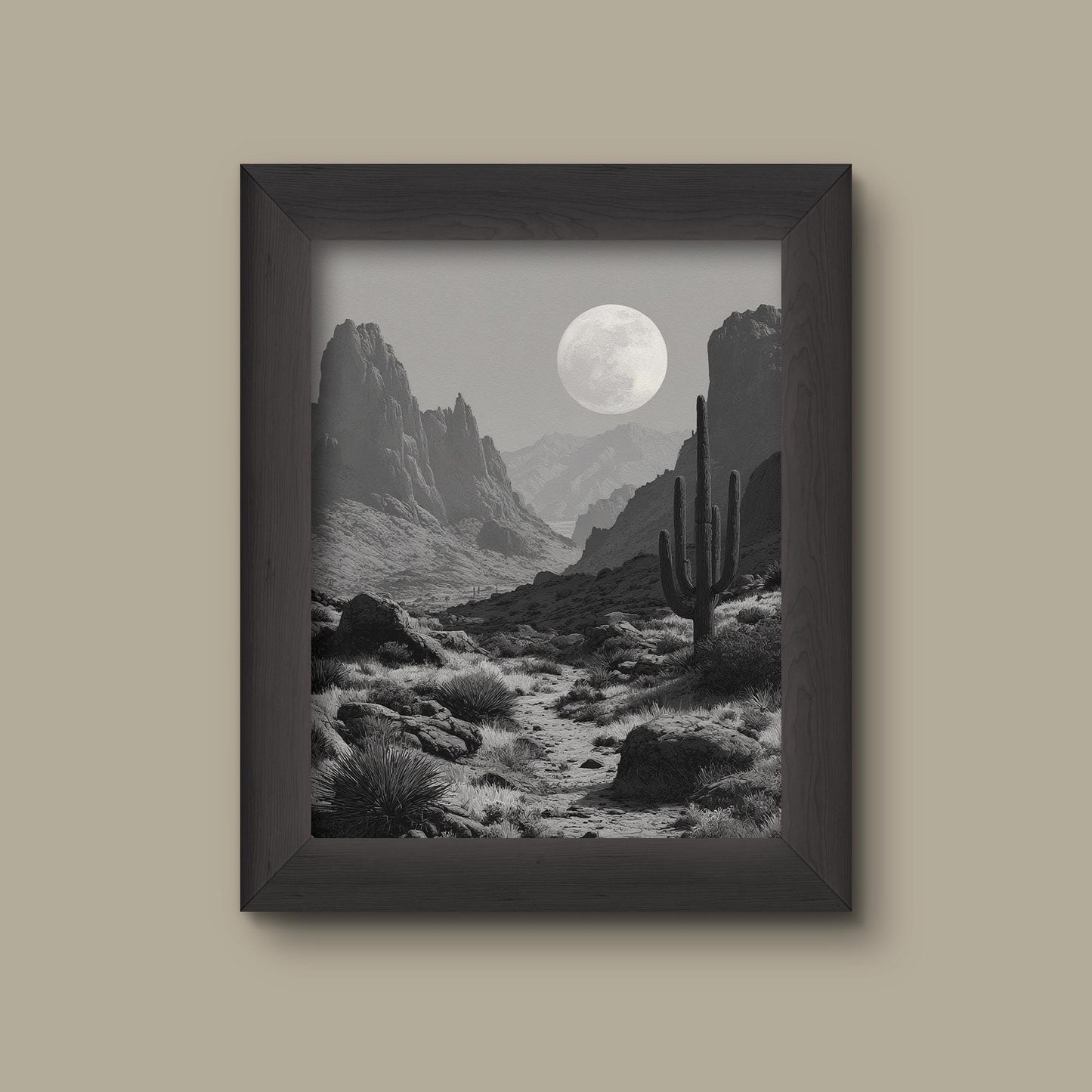 Moonrise Over the Desert – Black and White Night Landscape Art Print | Fine Art Print