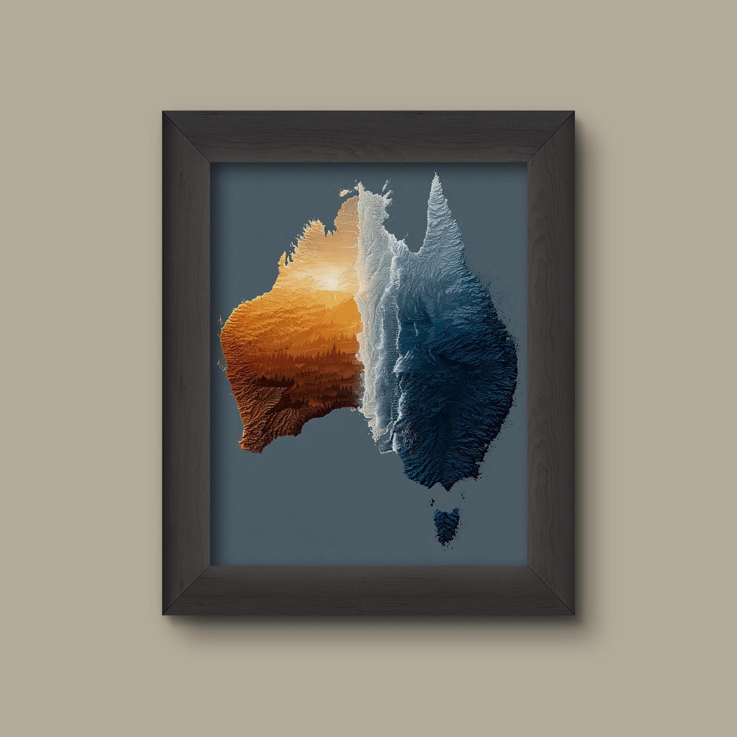 Australia Map Wall Art – Abstract Topographic Landscape Print with Sunset and Ocean Tones | Modern Travel Decor | Geography Poster | Fine Art Print