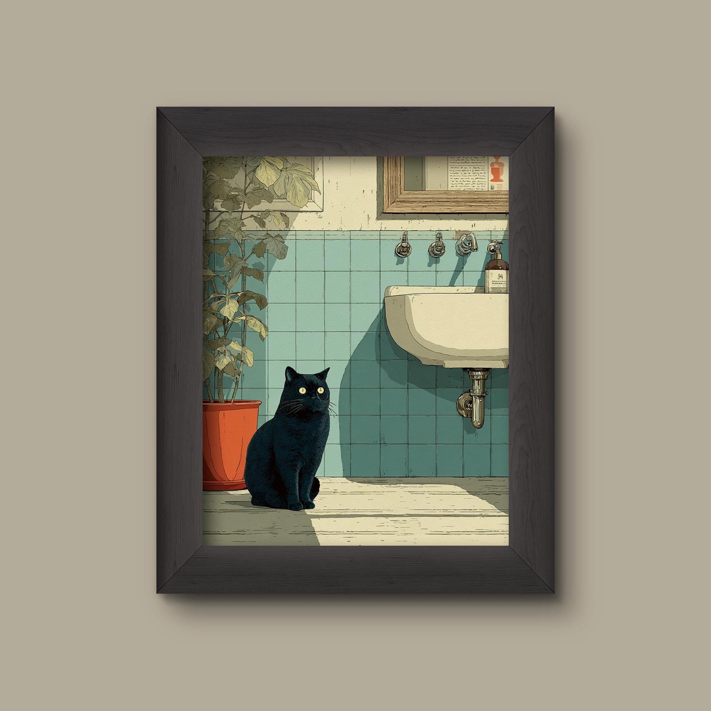 Black Cat in Vintage Bathroom – Retro Style Art Print | Cat Wall Art | Fine Art Print