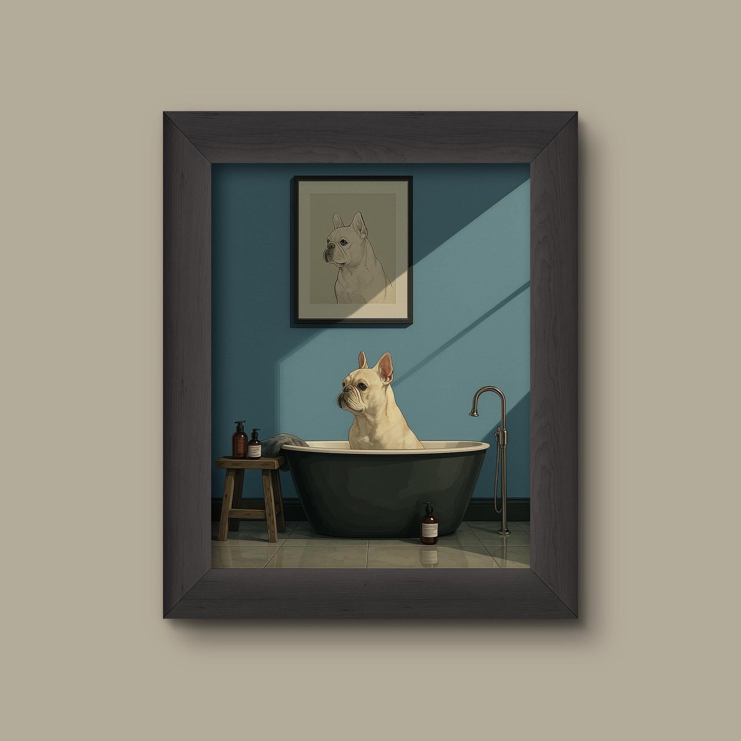 Minimalist White French Bulldog Bathroom Art Print – Funny Dog in Bathtub Wall Decor | Fine Art Print