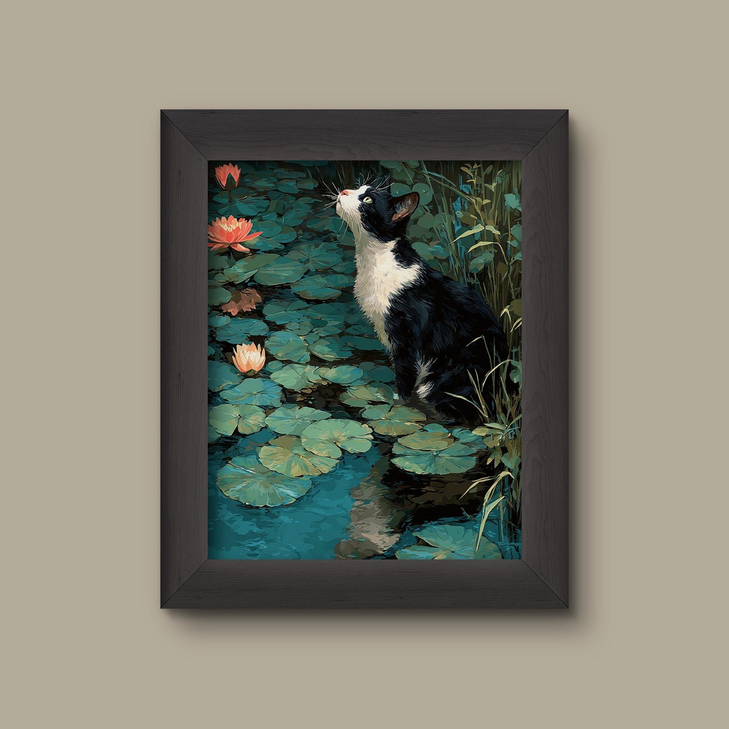 Monet-Inspired Cat by the Lilies – Whimsical Pond Art Print | Fine Art Print