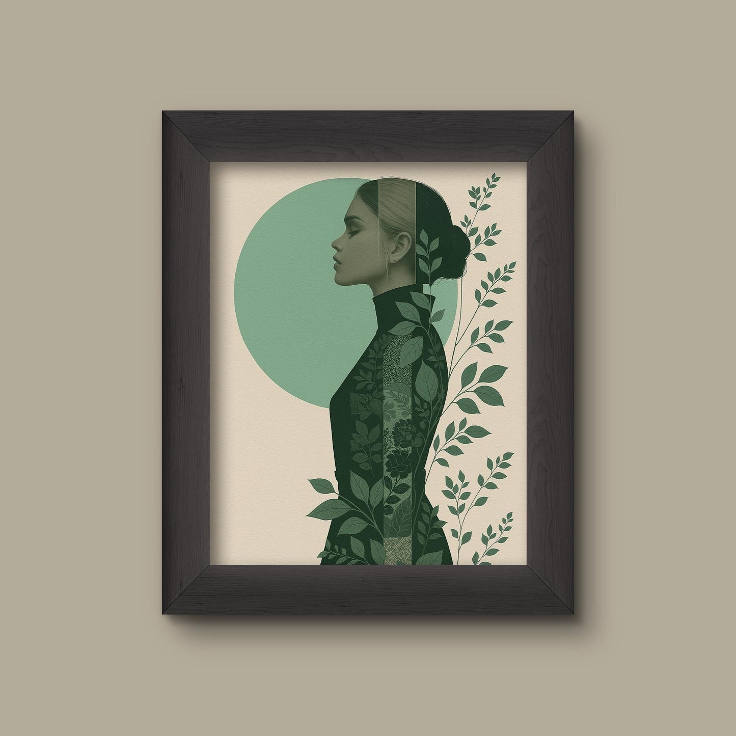 Green Botanical Woman Profile Art Print | Elegant Feminine Silhouette | Japandi Floral Wall Decor | Fine Art Print