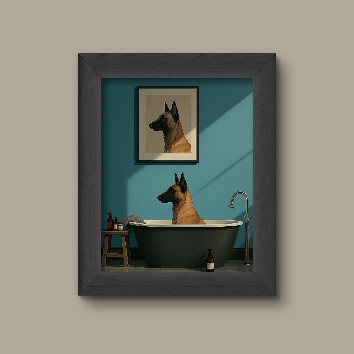Minimalist Belgian Malinois Bathroom Art Print – Funny Dog in Bathtub Wall Decor | Fine Art Print