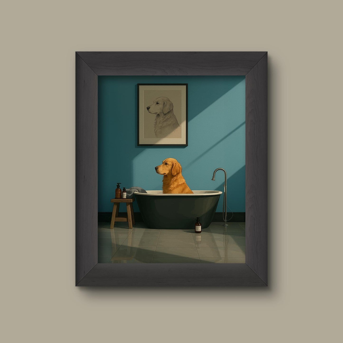 Minimalist Golden Retriever Bathroom Art Print – Funny Dog in Bathtub Wall Decor | Fine Art Print