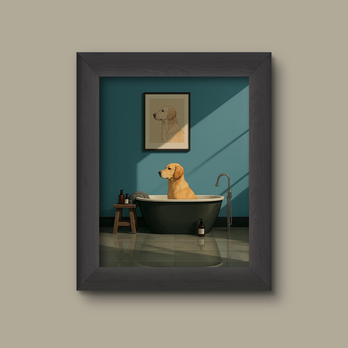 Minimalist Yellow Labrador Bathroom Art Print – Funny Dog in Bathtub Wall Decor | Fine Art Print
