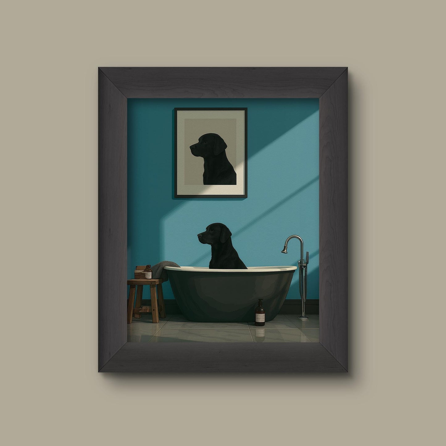 Minimalist Black Labrador Bathroom Art Print – Funny Dog in Bathtub Wall Decor | Fine Art Print