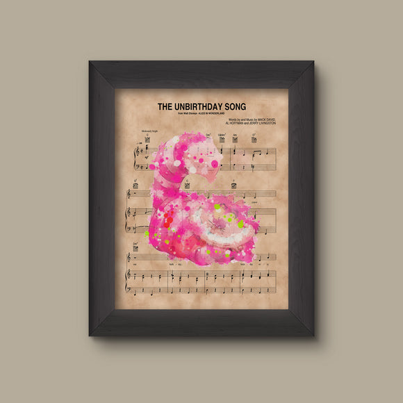 Alice in Wonderland, Cheshire Cat Watercolor , The Unbirthday Song Sheet Music Art Print