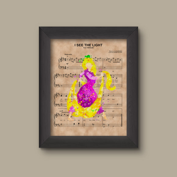 Tangled, Rapunzel, Watercolor, I See The Light Sheet Music Art Print