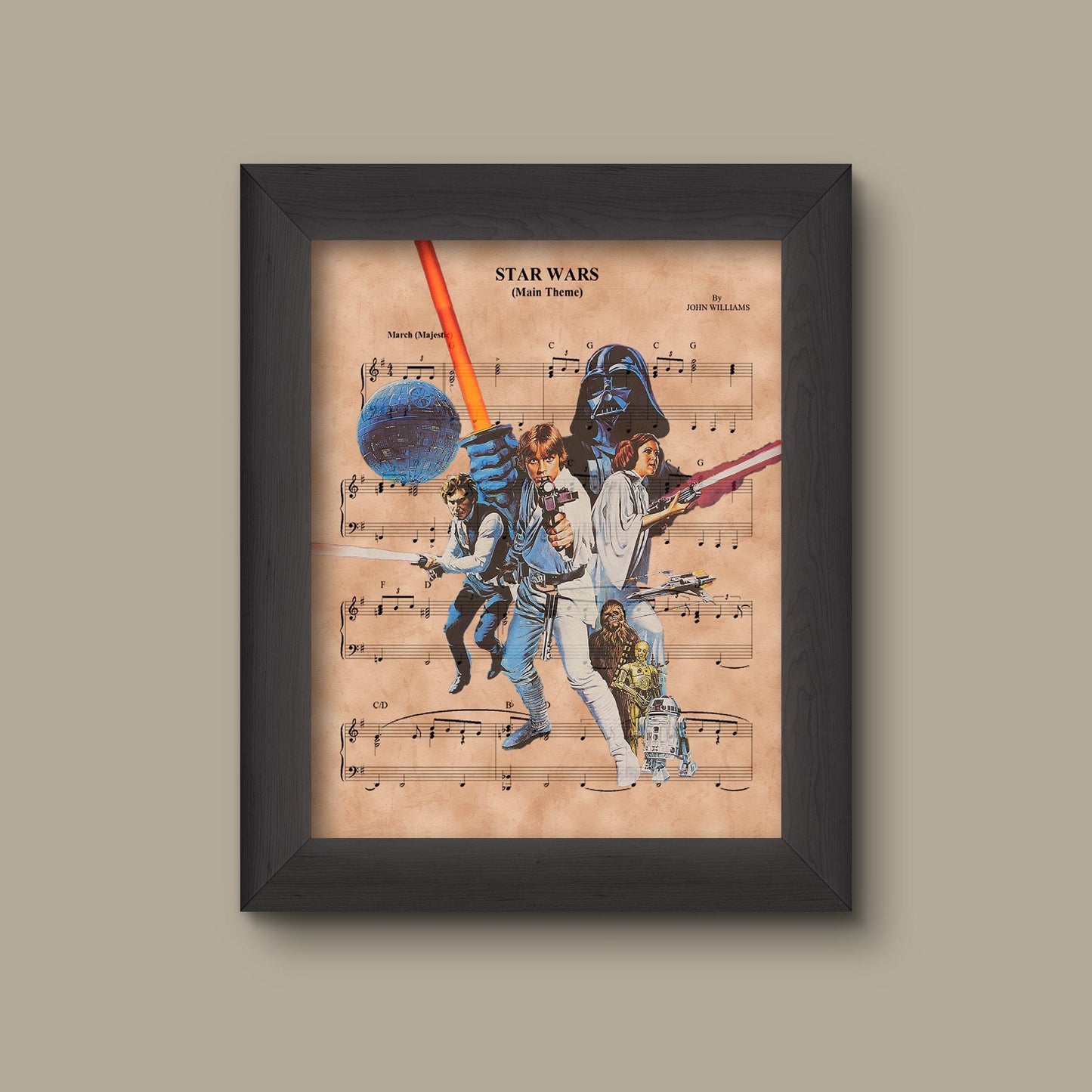 Disney Star Wars Sheet Music Art Print, Original Trilogy Print, Darth Vader, Luke Skywalker, Han Solo, Princess Leia Organa | Fine Art Print