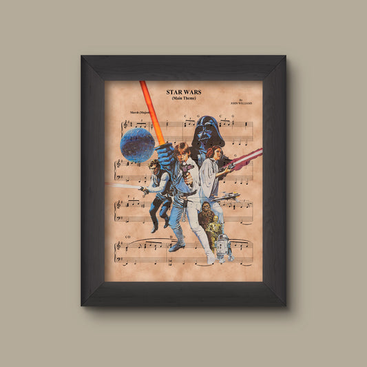 Disney Star Wars Sheet Music Art Print, Original Trilogy Print, Darth Vader, Luke Skywalker, Han Solo, Princess Leia Organa | Fine Art Print