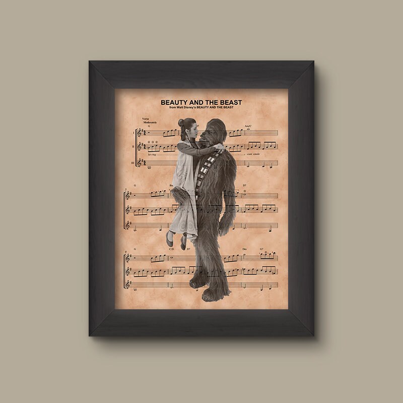 Star Wars Beauty and the Beast Mashup Sheet Music Art, Wedding Gift, Disney Anniversary Gift For Her, Princess Leia & Chewbacca | Fine Art Print