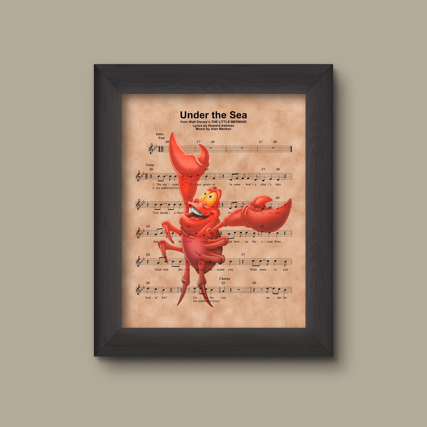 Disney Little Mermaid, Sebastian Sheet Music Art Print, Little Mermaid Gift, Little Mermaid Art, Under The Sea Sheet Music Art Print | Fine Art Print