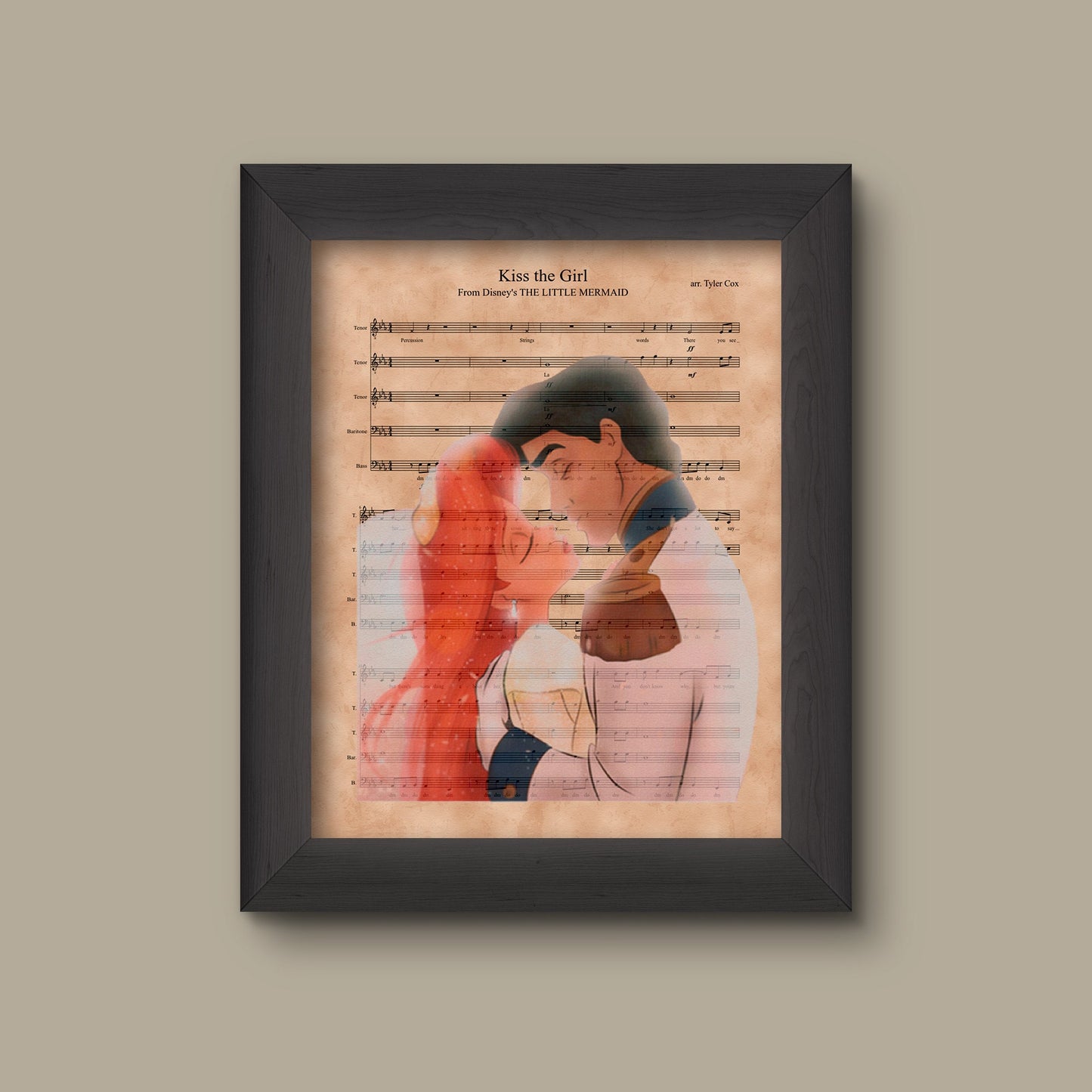 Disney Little Mermaid, Ariel and Eric Sheet Music Art Print, Little Mermaid Gift, Little Mermaid Art, Kiss The Girl Sheet Music Art Print | Fine Art P