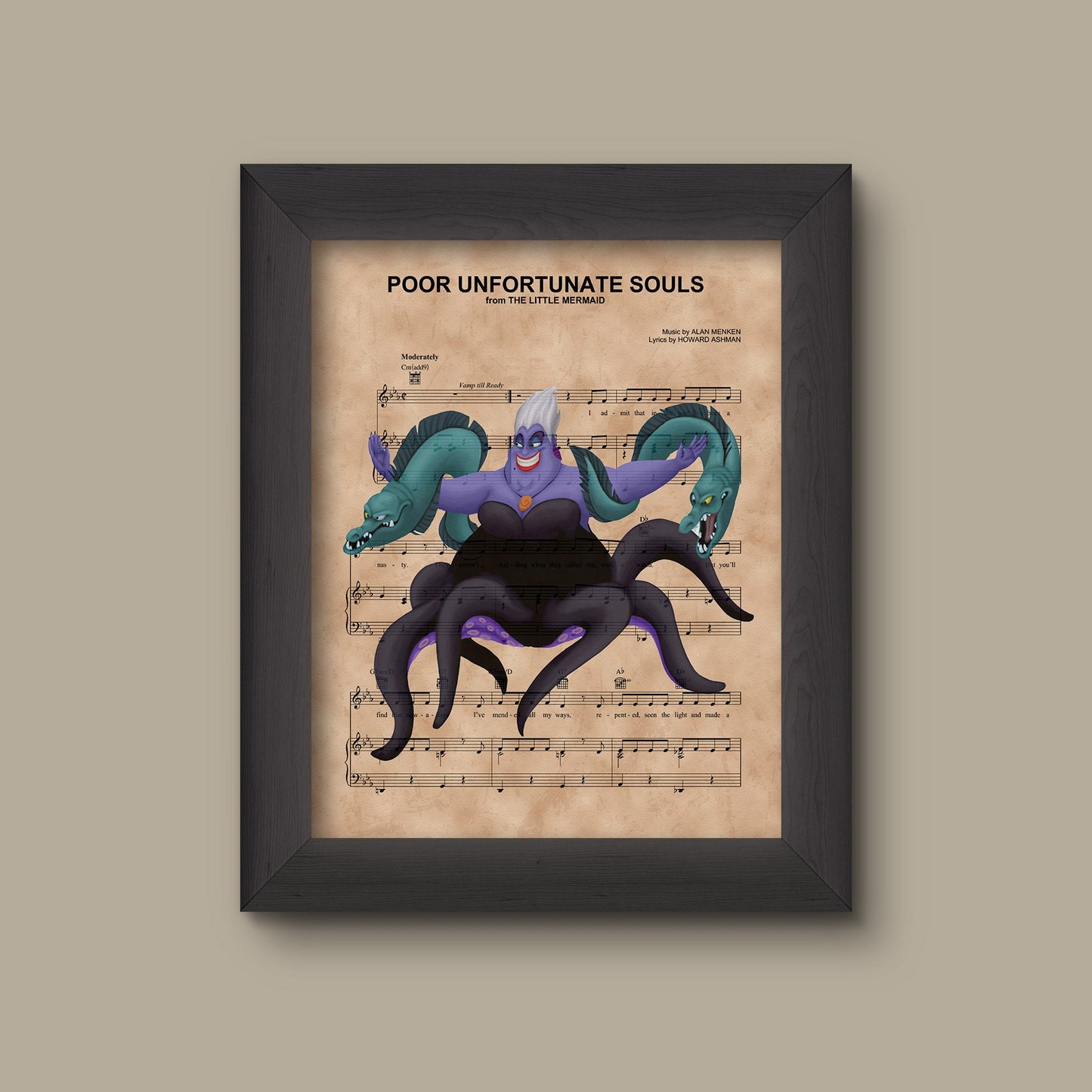 Disney Little Mermaid, Ursula with Flotsam and Jetsam Sheet Music Art Print, Little Mermaid Gift, Poor Unfortunate Souls Sheet Music Art | Fine Art Pr