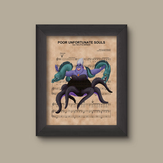 Disney Little Mermaid, Ursula with Flotsam and Jetsam Sheet Music Art Print, Little Mermaid Gift, Poor Unfortunate Souls Sheet Music Art | Fine Art Pr