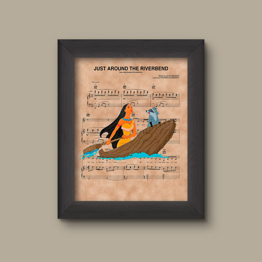 Pocahontas and Meeko, Just Around The Riverbend Sheet Music Art Print | Fine Art Print