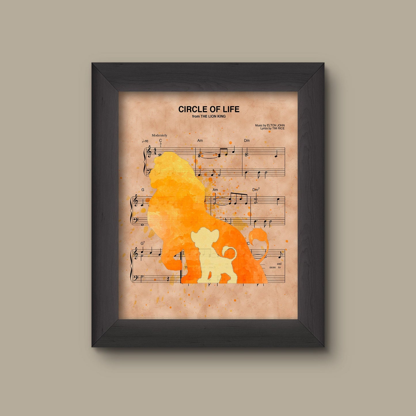 Lion King Mufasa Simba Silhouette Watercolor Circle of Life Sheet Music Art Print | Fine Art Print