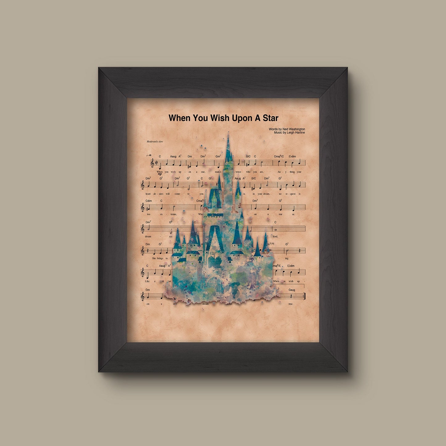 Disney Castle Watercolor When You Wish Upon A Star Sheet Music Art Print | Fine Art Print