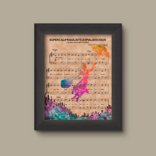 Disney Mary Poppins Gift, Marry Poppins Water Color Silhouette Sheet Music Art, Supercalifragilisticexpialidocious Print, Wall Decor Gift | Fine Art P