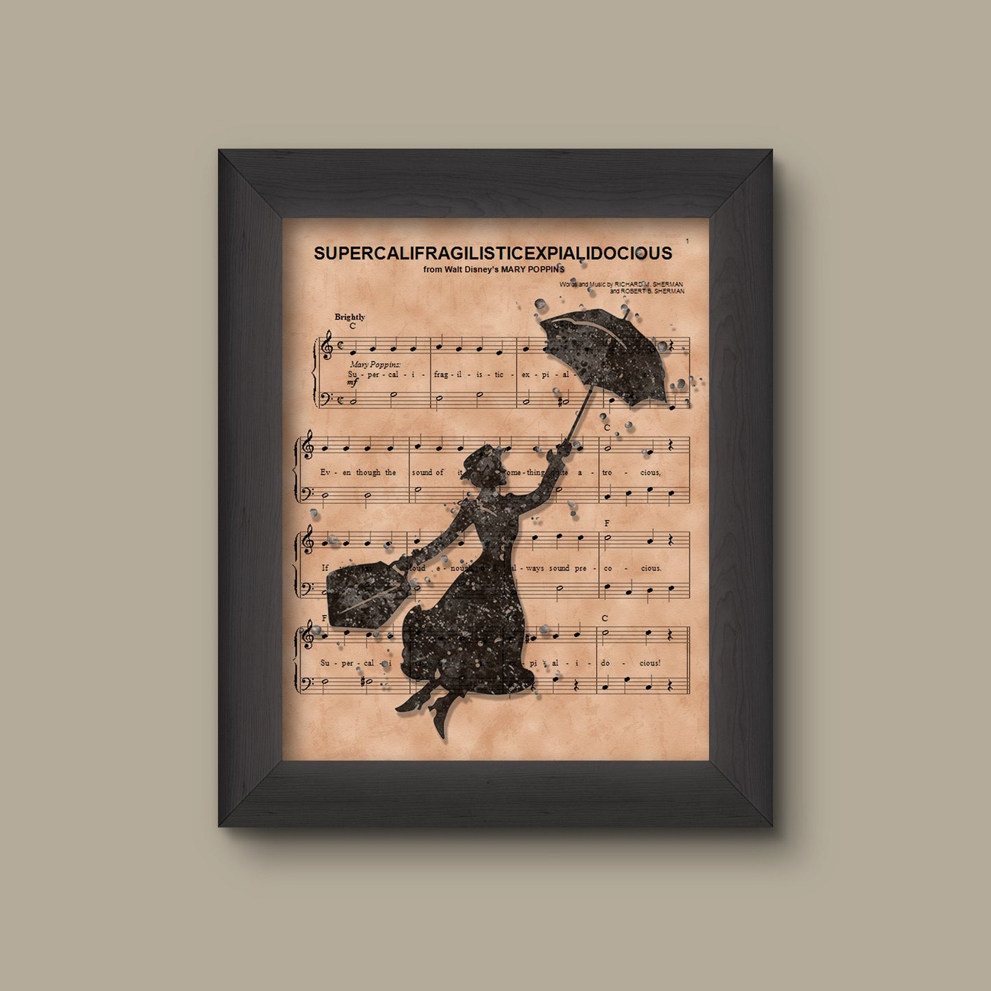 Disney Mary Poppins Gift, Marry Poppins Silhouette Sheet Music Art, Supercalifragilisticexpialidocious Print, Wall Decor Gift | Fine Art Print