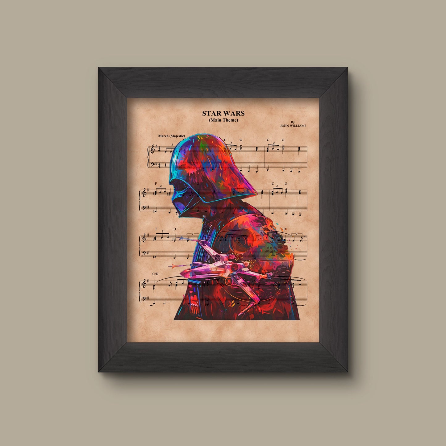 Disney Star Wars Theme Sheet Music Art Print, Darth Vader Silhouette, Star Wars Trilogy Art print, X-Wing, Death Star | Fine Art Print