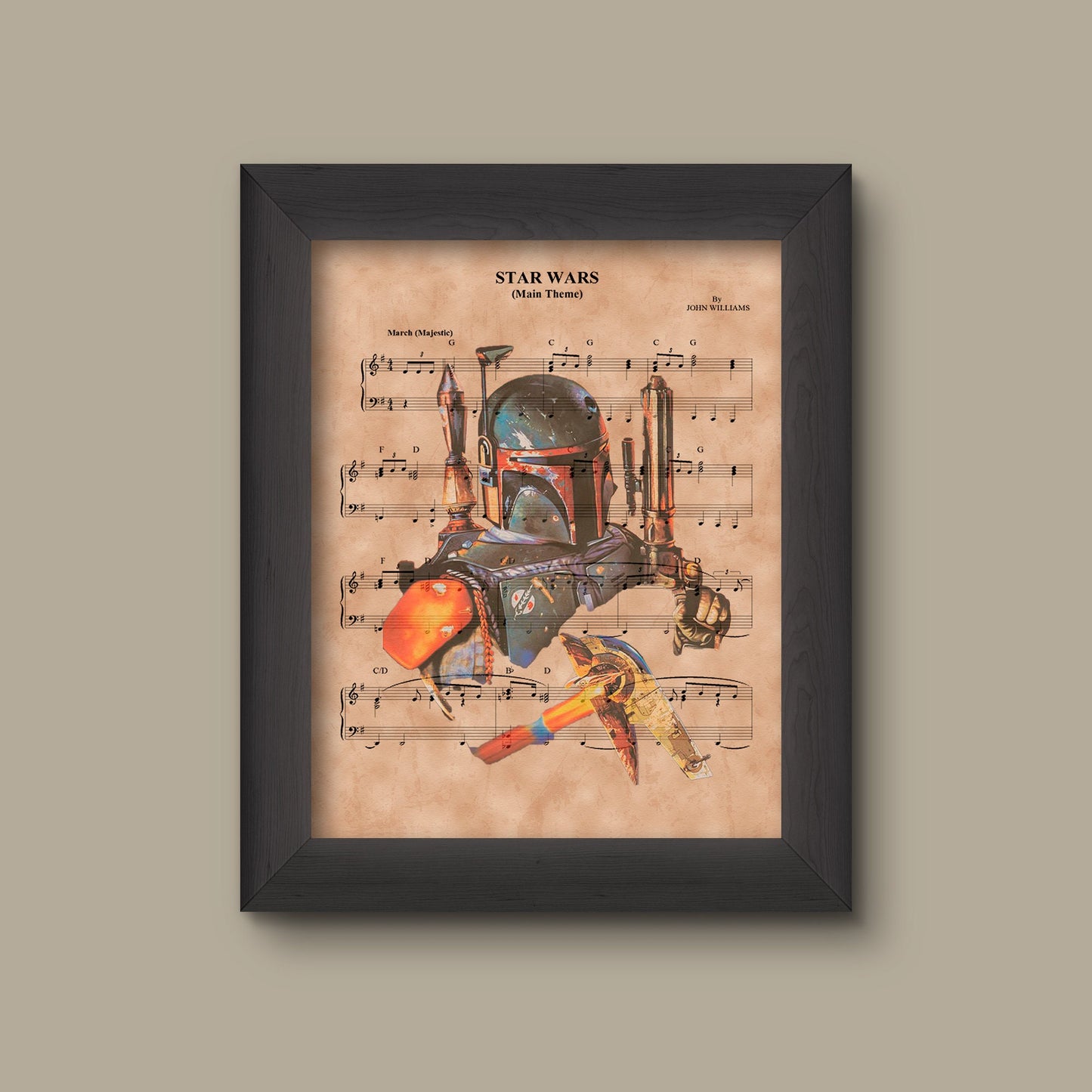 Disney Star Wars Theme Sheet Music Art Print, Boba Fett, Star Wars Trilogy Art print, Slave I Ship, | Fine Art Print