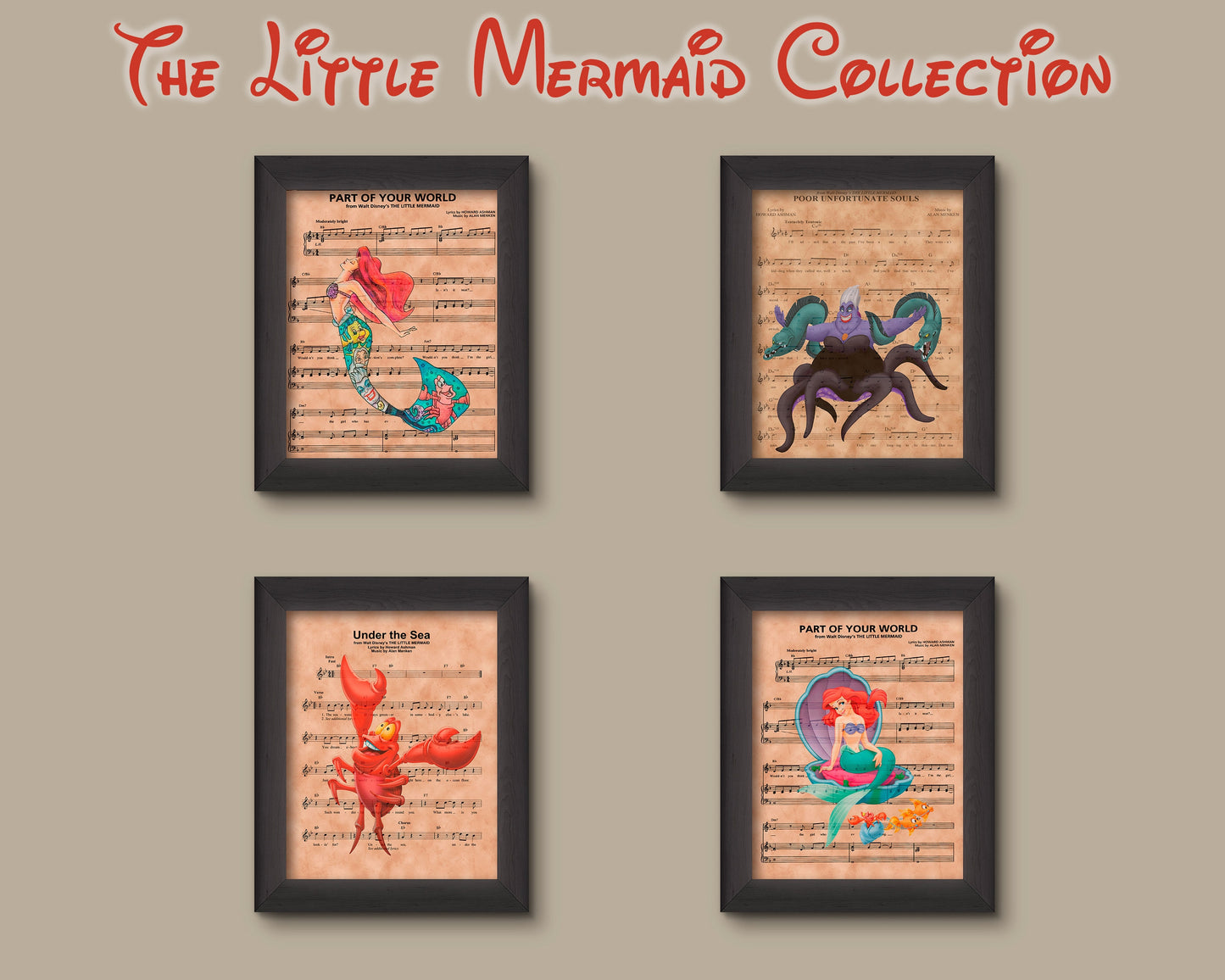 Disney Little Mermaid Collection Sheet Music Art Print Set, Little Mermaid Gift, Little Mermaid Art, | Fine Art Print