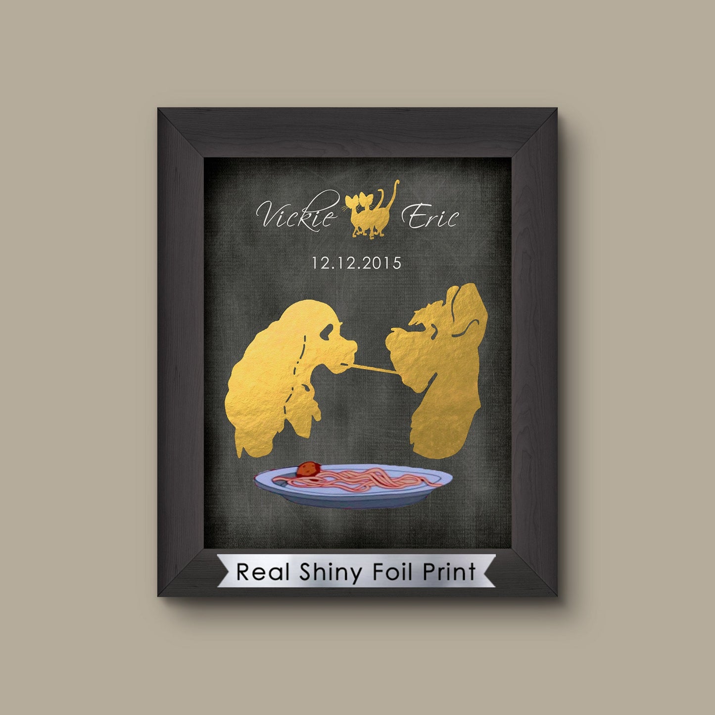 Disney Lady and the Tramp Foil Print, Lady Tramp Art Print, Wall Art, Disney Decor, Disney Valentine Gift boyfriend gift husband gift | Metallic Foil