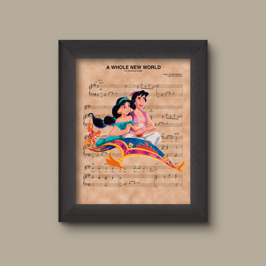 Aladdin and Jasmine Magic Carpet Ride A Whole New World Sheet Music Art Print | Fine Art Print