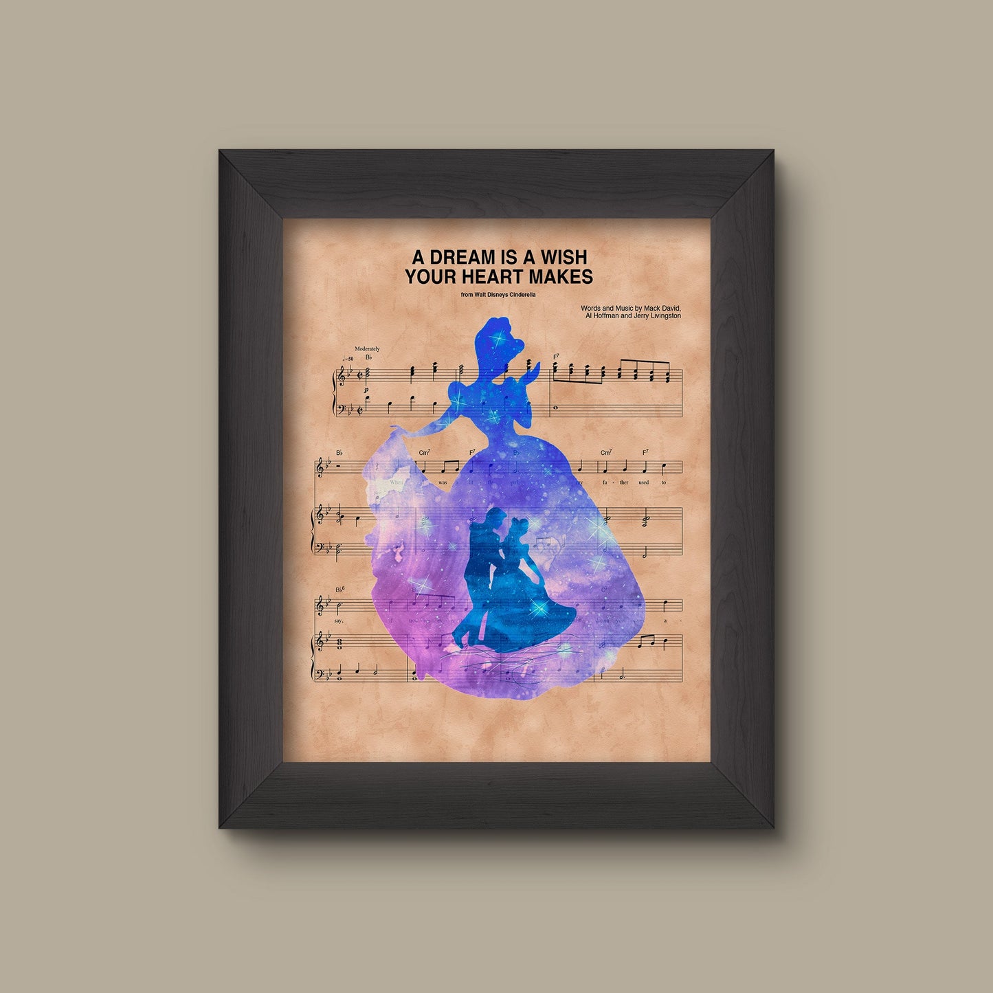 Cinderella, Silhouette Prince Charming A Dream Is A Wish Your Heart Makes Sheet Music Art Print | Fine Art Print