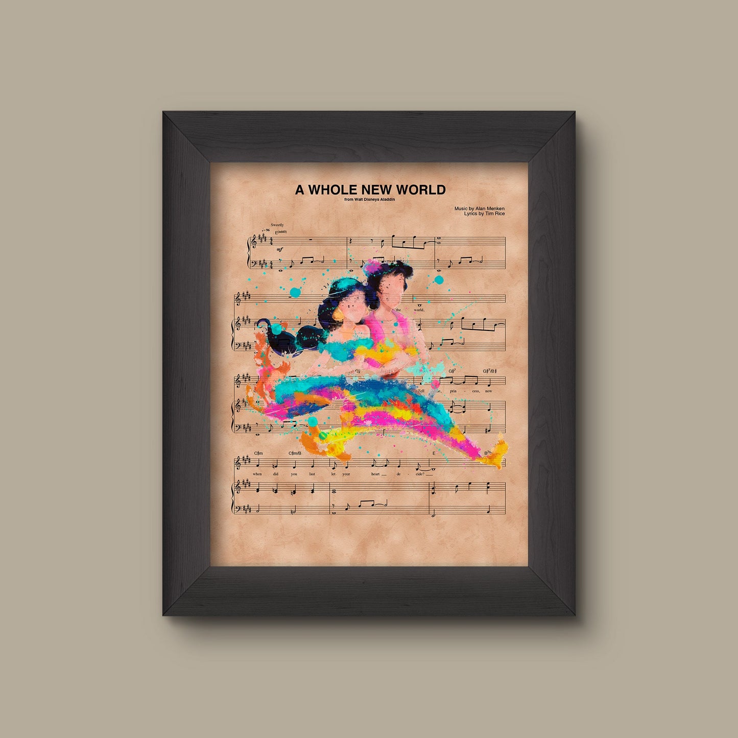 Aladdin and Jasmine Magic Carpet Ride Watercolor A Whole New World Sheet Music Art Print | Fine Art Print
