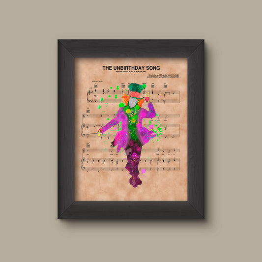 Alice in Wonderland, Mad Hatter Watercolor The Unbirthday Song Sheet Music Art Print | Fine Art Print