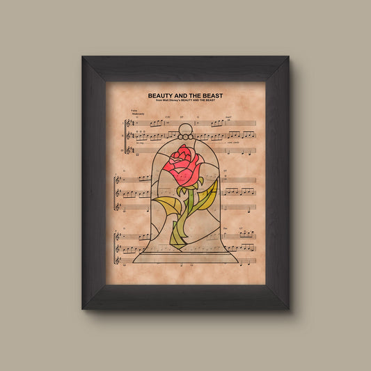 Beauty and the Beast Rose Sheet Music Art Print, Wedding Gift, Disney Wedding Gift, Disney Anniversary Gift For Her, Belle And Beast, | Fine Art Print