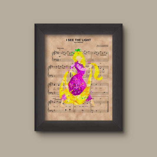 Tangled, Rapunzel & Pascal, Watercolor, I See The Light Sheet Music Art Print Disney Nursery Gift, Wall Decor, Sheet Music Art Print | Fine Art Print