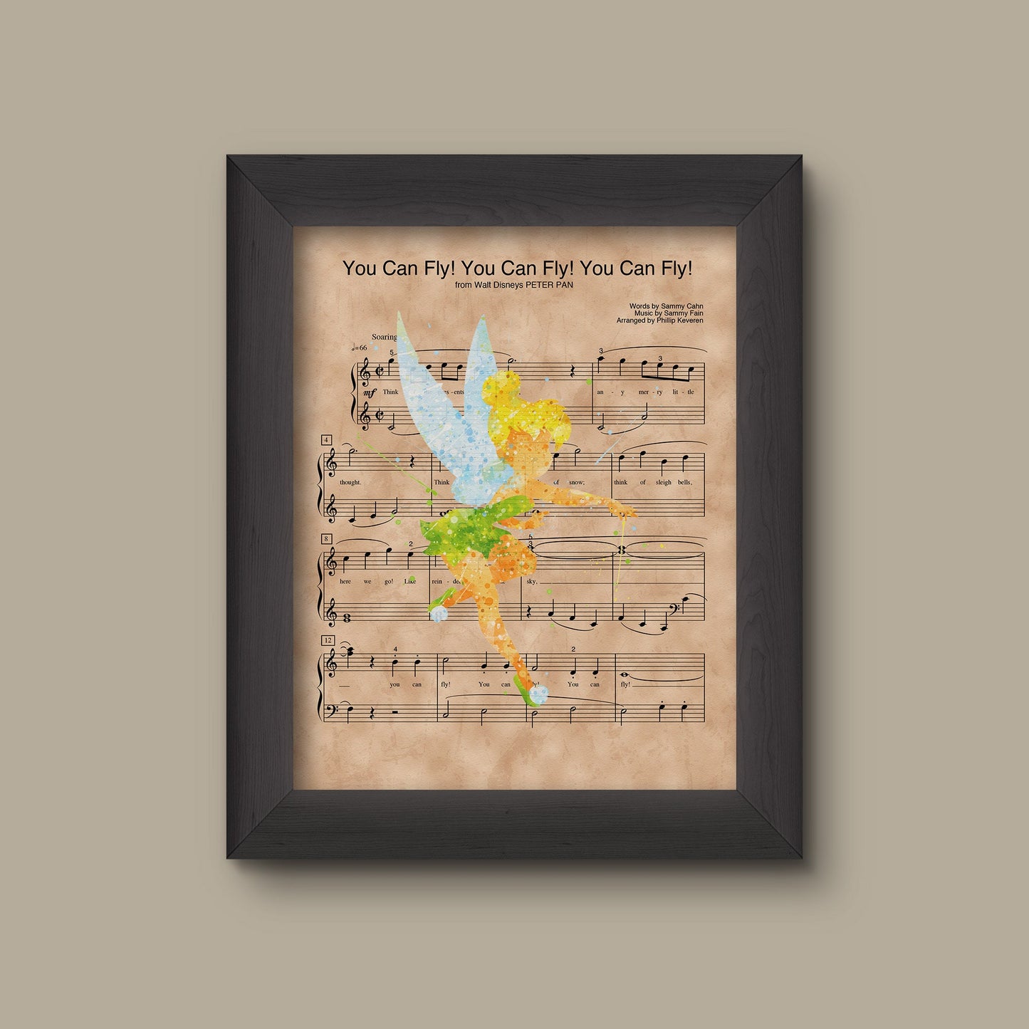 Tinker Bell, Tinker-bell Watercolor, You Can Fly! You Can Fly! You Can Fly! Sheet Music Art Print, Nursery Gift, Wall Decor | Fine Art Print