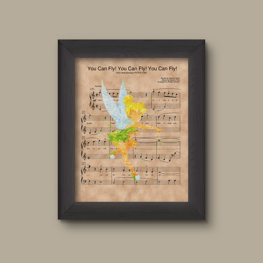 Tinker Bell, Tinker-bell Watercolor, You Can Fly! You Can Fly! You Can Fly! Sheet Music Art Print, Nursery Gift, Wall Decor | Fine Art Print
