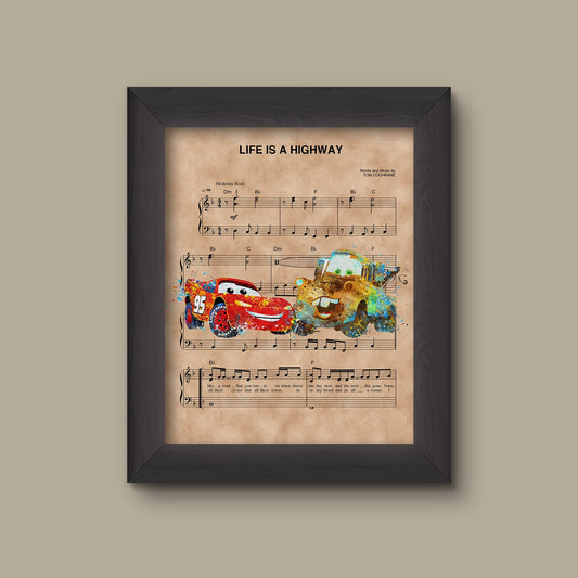 Cars, Lightning McQueen and Mater, Watercolor, Life Is A Highway Sheet Music Art Print, Disney Nursery Gift, Disney Wall Decor | Fine Art Print