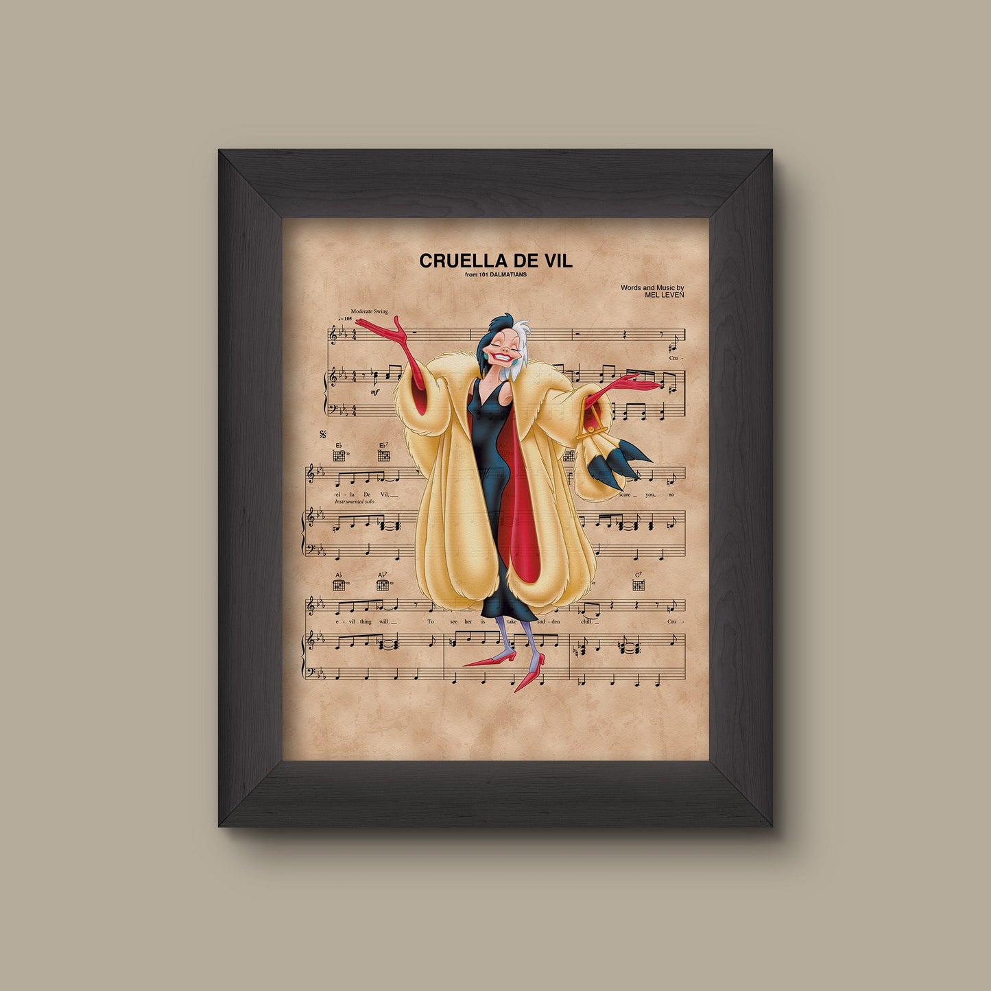 101 Dalmatians Cruella De Vil over Sheet Music Art Print | Fine Art Print