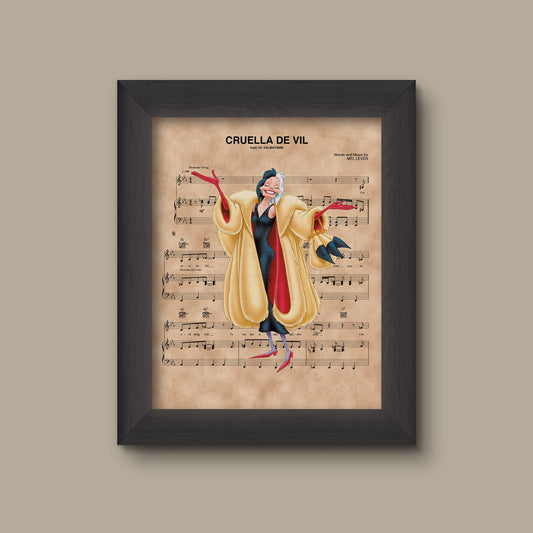 101 Dalmatians Cruella De Vil over Sheet Music Art Print | Fine Art Print
