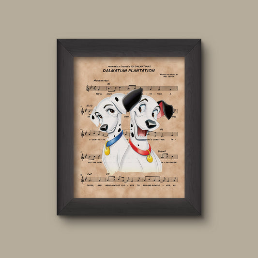 101 Dalmatians Pongo and Perdita over Dalmatian Plantation Sheet Music Art Print | Fine Art Print