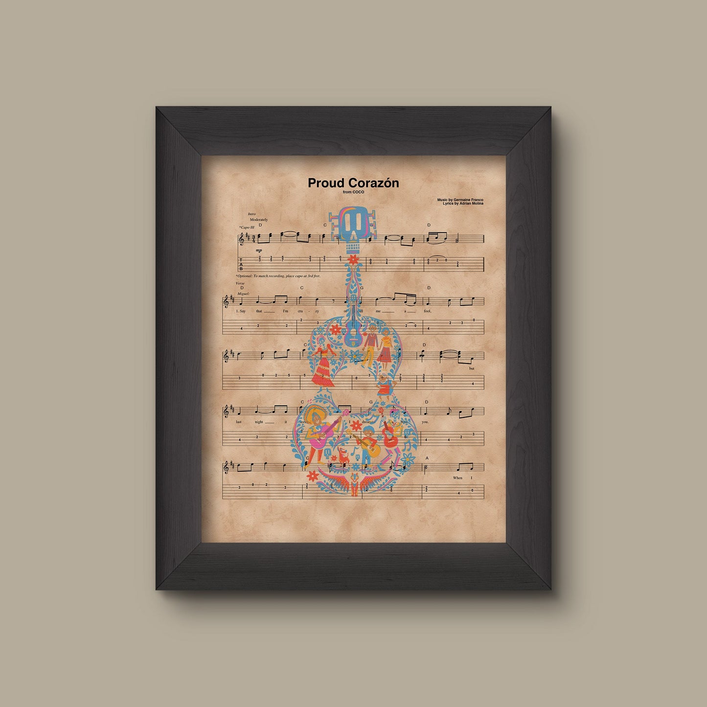 Coco, Guitar Proud Corazon Sheet Music Art Print, Disney Nursery Gift, Wall Decor, Sheet Music Art Print | Fine Art Print