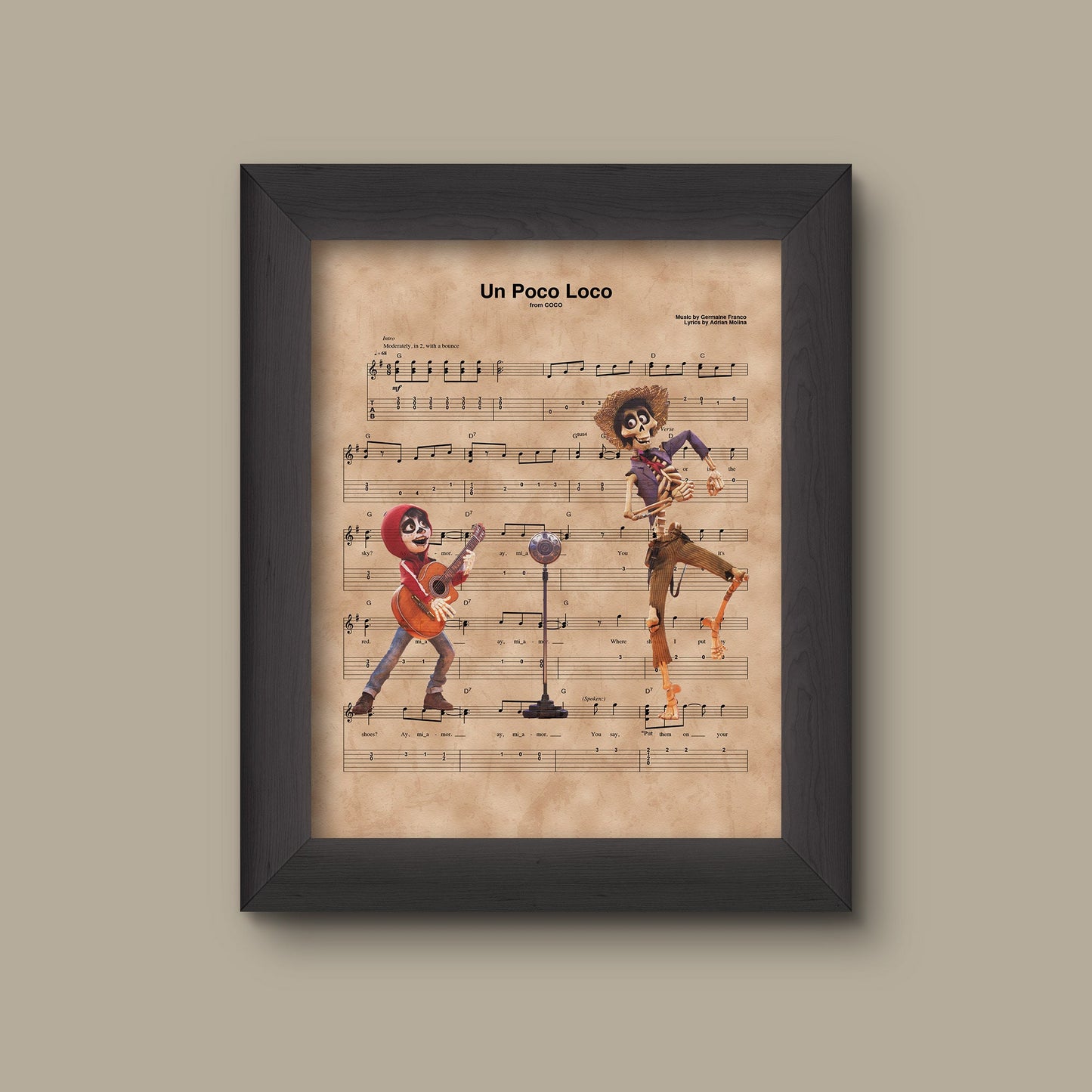 Coco, Miguel and Hector, Un Poco Loco Sheet Music Art Print Disney Nursery Gift, Wall Decor, Sheet Music Art Print | Fine Art Print