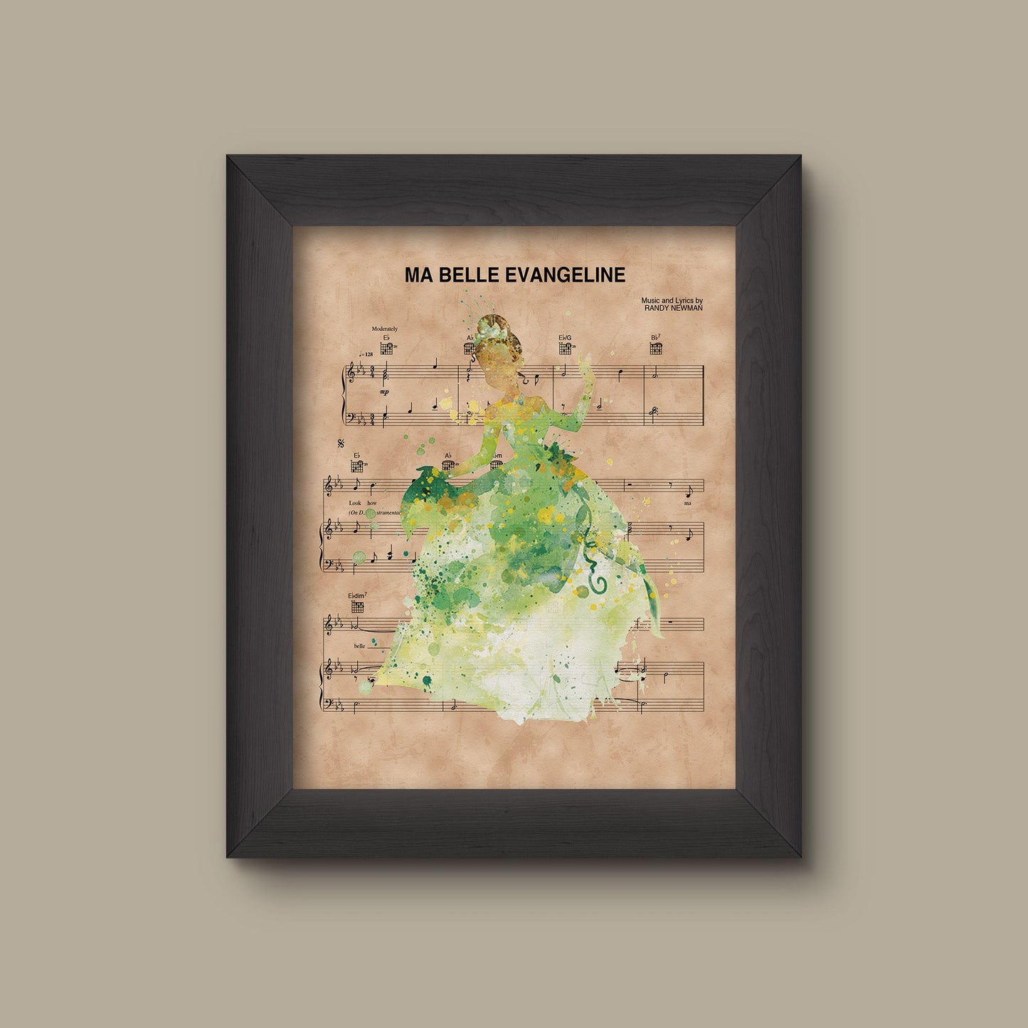Princess and the Frog Tiana Watercolor Ma Belle Evangeline Sheet Music Art Print, Disney Nursery Gift, Disney Wall Decor | Fine Art Print