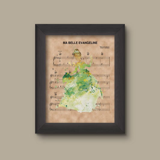 Princess and the Frog Tiana Watercolor Ma Belle Evangeline Sheet Music Art Print, Disney Nursery Gift, Disney Wall Decor | Fine Art Print
