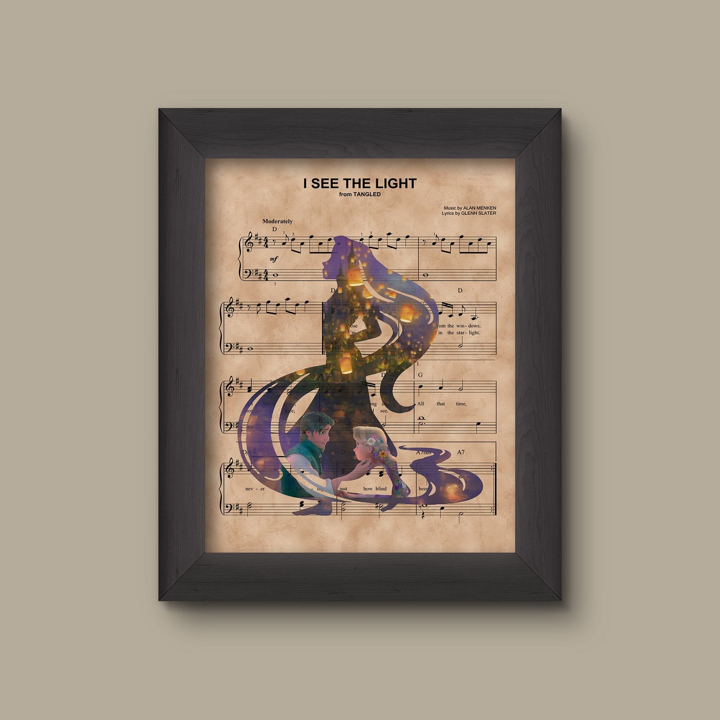 Tangled, Rapunzel Flynn Lantern Silhouette over I See The Light Sheet Music Art Print Wedding, Anniversary Gift, Disney Princess, Lantern. | Fine Art