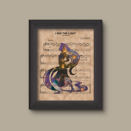 Tangled, Rapunzel Flynn Lantern Silhouette over I See The Light Sheet Music Art Print Wedding, Anniversary Gift, Disney Princess, Lantern. | Fine Art