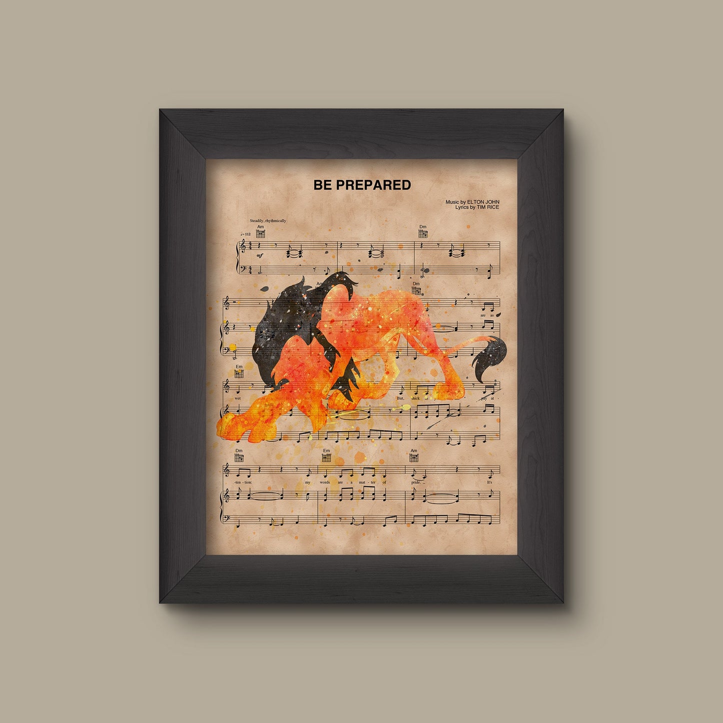 Lion King Scar Watercolor Be Prepared Sheet Music Art Print | Fine Art Print