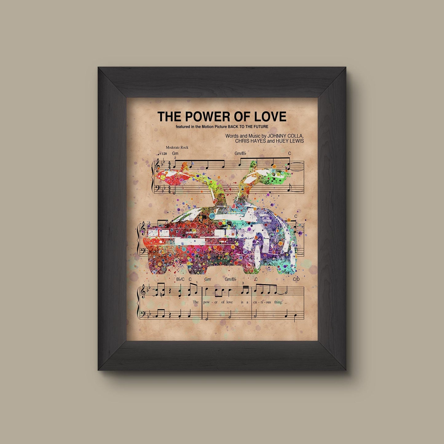 Back to the Future Delorean Watercolor over Power of Love Sheet Music Art Print | Fine Art Print